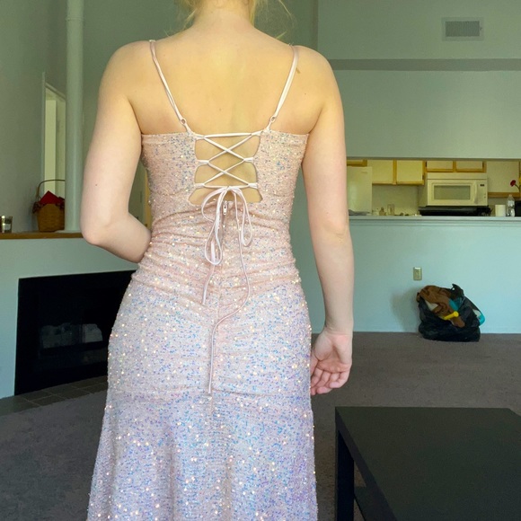 Pink Sequin Long Prom Dress - Picture 2 of 7